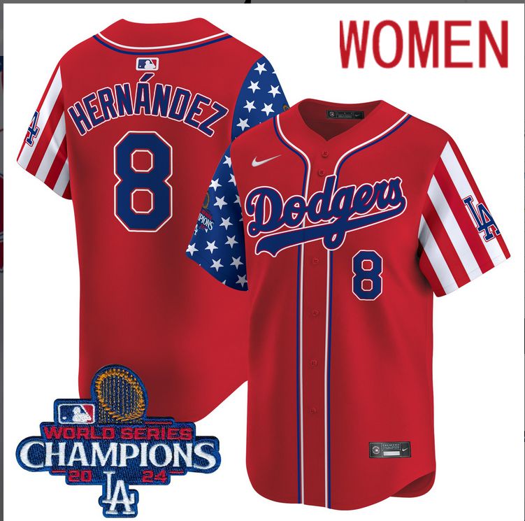 Women MLB Los Angeles Dodgers 8 Hernandez American Style red 2024 World Series Champions Limited Jersey